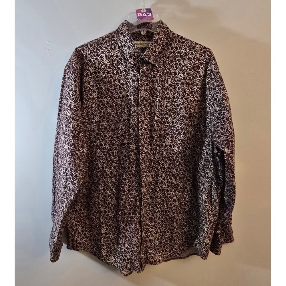 Munsingwear Mens Button Up Shirt Brown Floral Long Sleeve Casual Classic Size XL